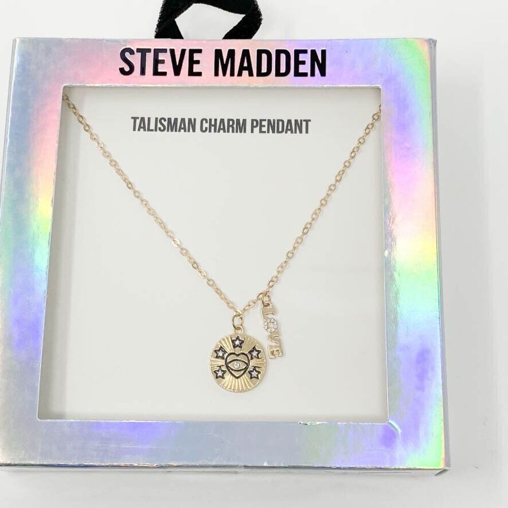 Steve Madden Talisman Charm Pendant Necklace Love New in Box Gift‎ Gold Tone